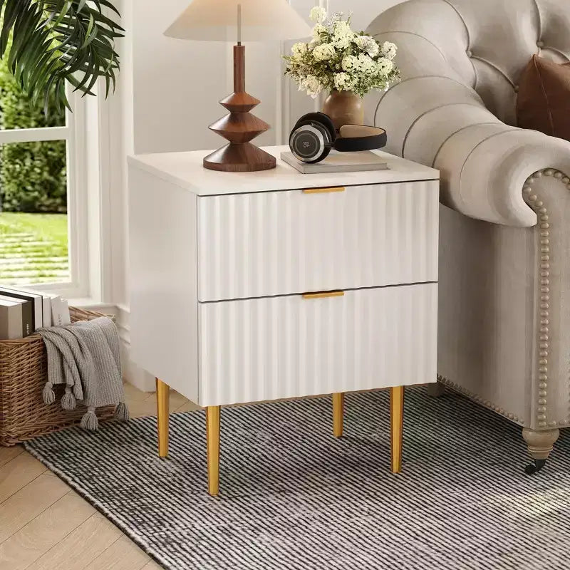 Table de chevet moderne cannelée avec 2 tiroirs, table de chevet dorée et en bois, petite table d'appoint, bout de canapé pour chambre à coucher, salon