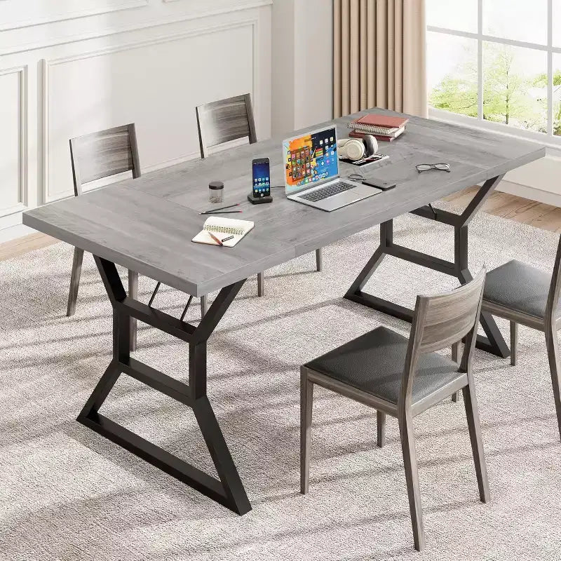 Table à manger rectangulaire pour 6 personnes, tables de cuisine avec pieds en métal extra robustes, gris