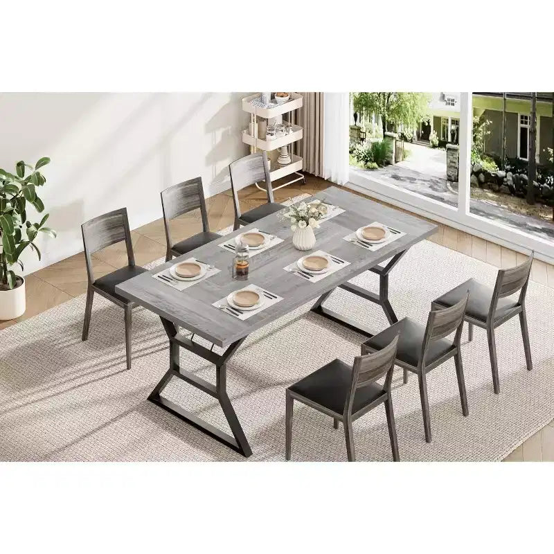Table à manger rectangulaire pour 6 personnes, tables de cuisine avec pieds en métal extra robustes, gris