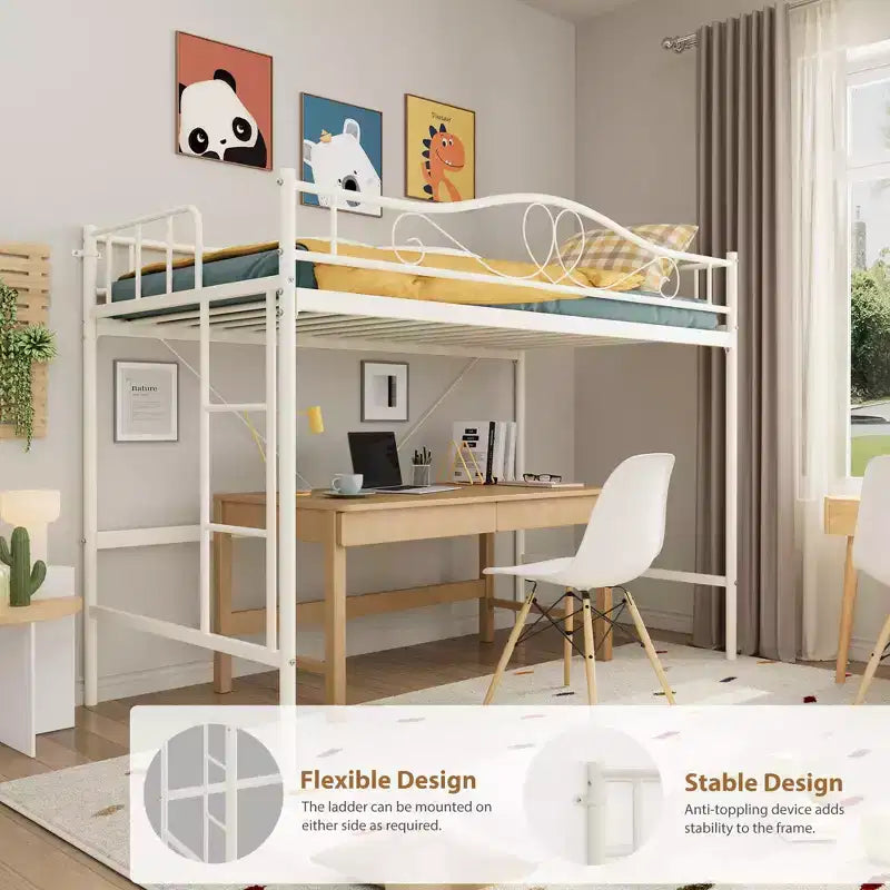 Lit mezzanine jumeau COZONY avec échelle réglable, cadre en métal robuste de 180 kg, rambarde de sécurité