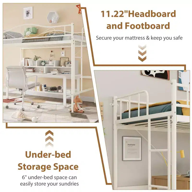 Lit mezzanine jumeau COZONY avec échelle réglable, cadre en métal robuste de 180 kg, rambarde de sécurité