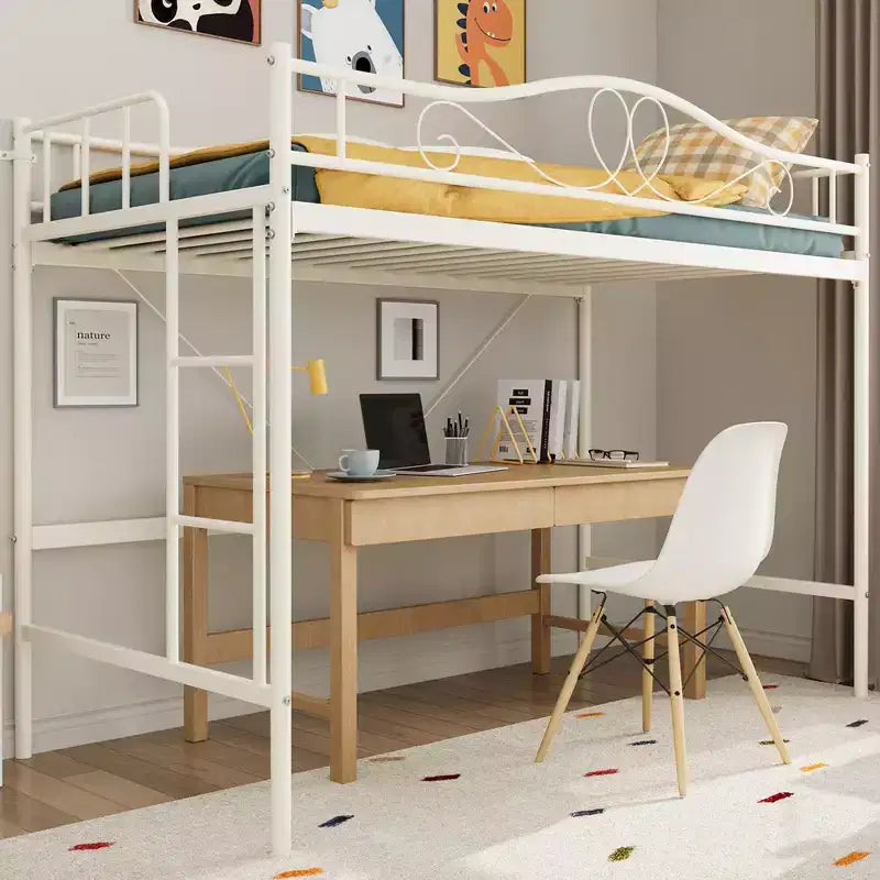 Lit mezzanine jumeau COZONY avec échelle réglable, cadre en métal robuste de 180 kg, rambarde de sécurité