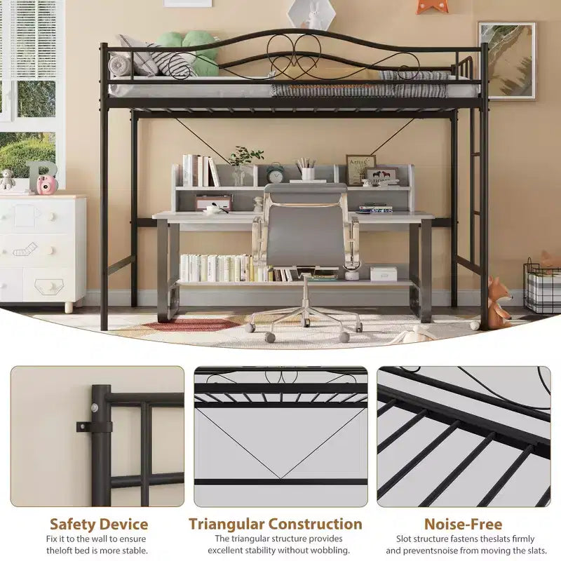 Lit mezzanine jumeau COZONY avec échelle réglable, cadre en métal robuste de 180 kg, rambarde de sécurité