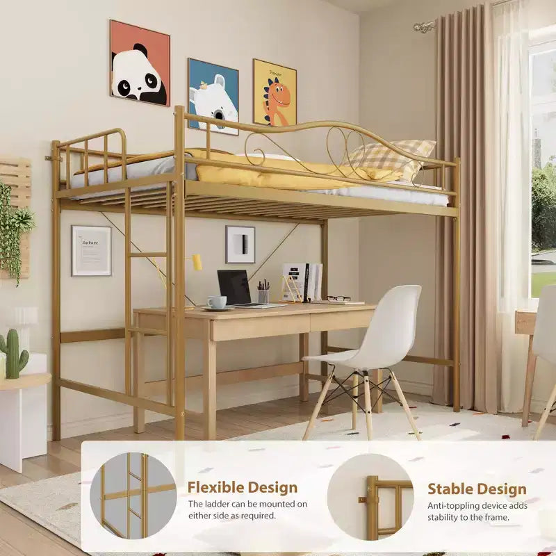 Lit mezzanine jumeau COZONY avec échelle réglable, cadre en métal robuste de 180 kg, rambarde de sécurité