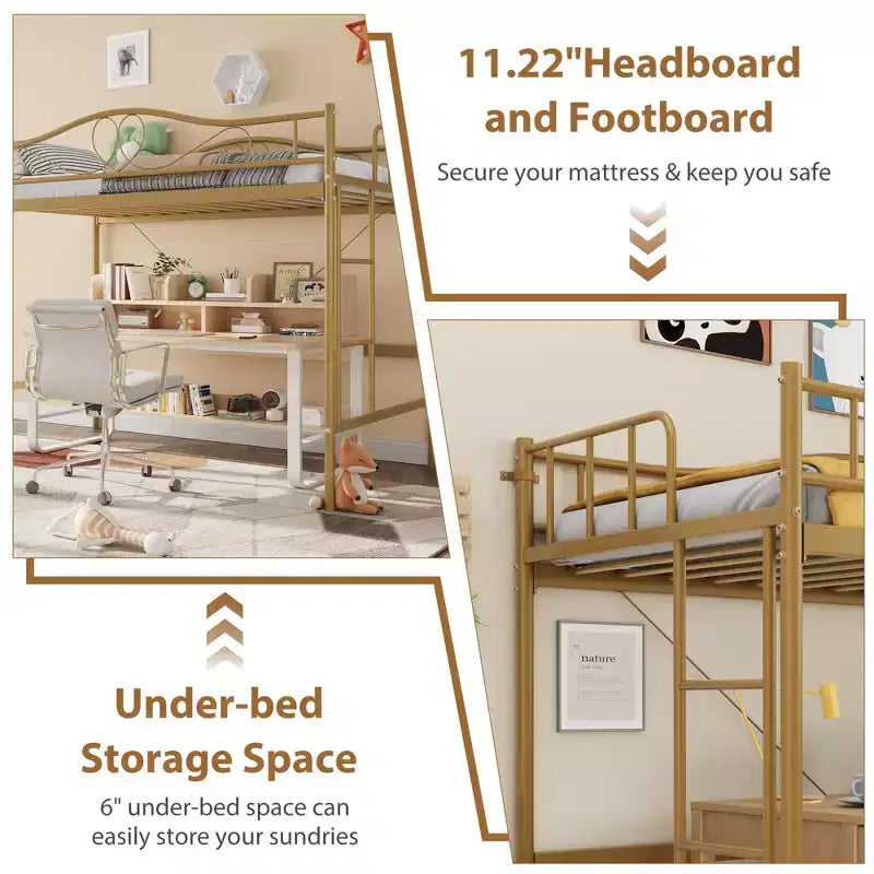 Lit mezzanine jumeau COZONY avec échelle réglable, cadre en métal robuste de 180 kg, rambarde de sécurité