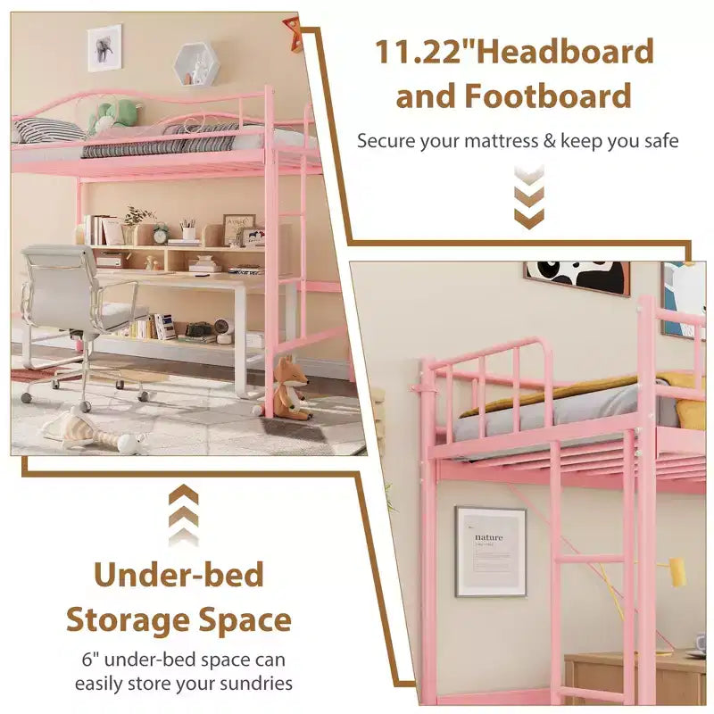 Lit mezzanine jumeau COZONY avec échelle réglable, cadre en métal robuste de 180 kg, rambarde de sécurité