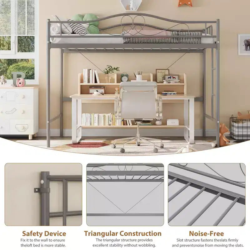 Lit mezzanine jumeau COZONY avec échelle réglable, cadre en métal robuste de 180 kg, rambarde de sécurité