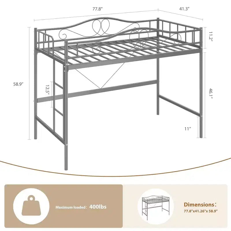 Lit mezzanine jumeau COZONY avec échelle réglable, cadre en métal robuste de 180 kg, rambarde de sécurité