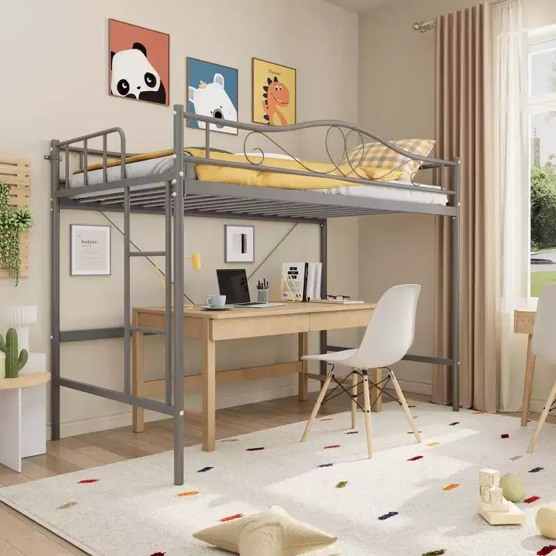 Lit mezzanine jumeau COZONY avec échelle réglable, cadre en métal robuste de 180 kg, rambarde de sécurité