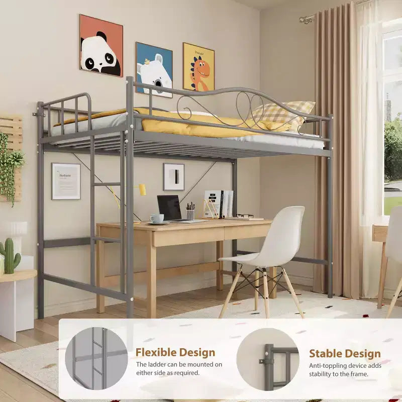 Lit mezzanine jumeau COZONY avec échelle réglable, cadre en métal robuste de 180 kg, rambarde de sécurité