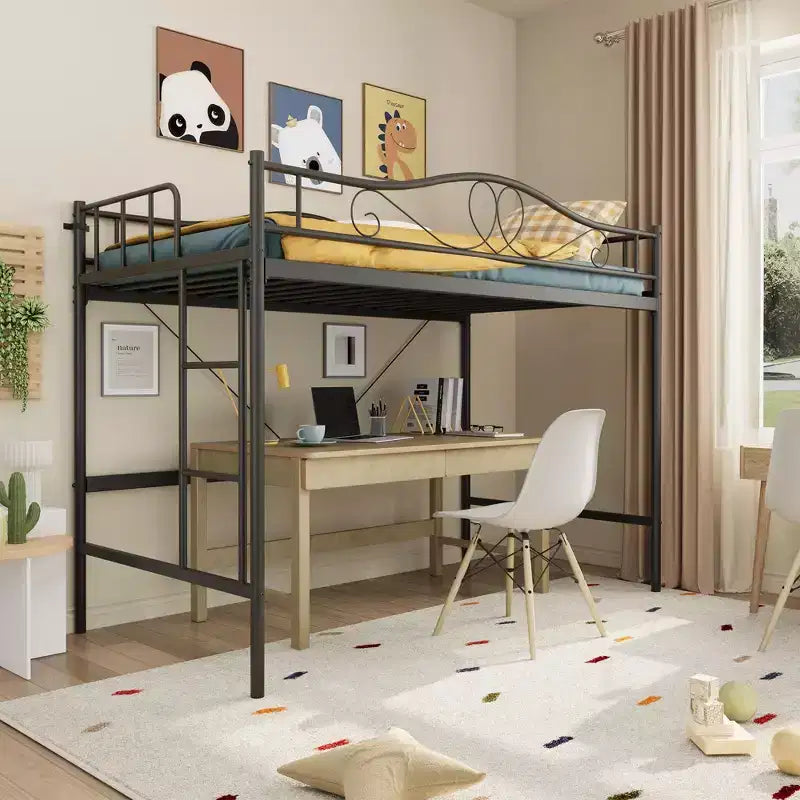 Lit mezzanine jumeau COZONY avec échelle réglable, cadre en métal robuste de 180 kg, rambarde de sécurité