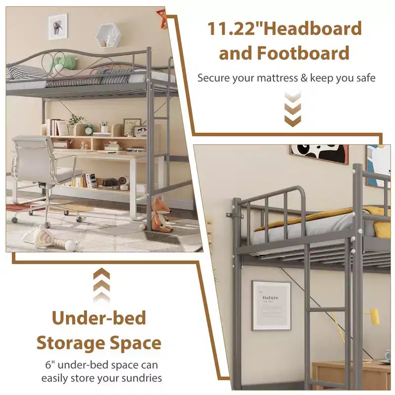 Lit mezzanine jumeau COZONY avec échelle réglable, cadre en métal robuste de 180 kg, rambarde de sécurité