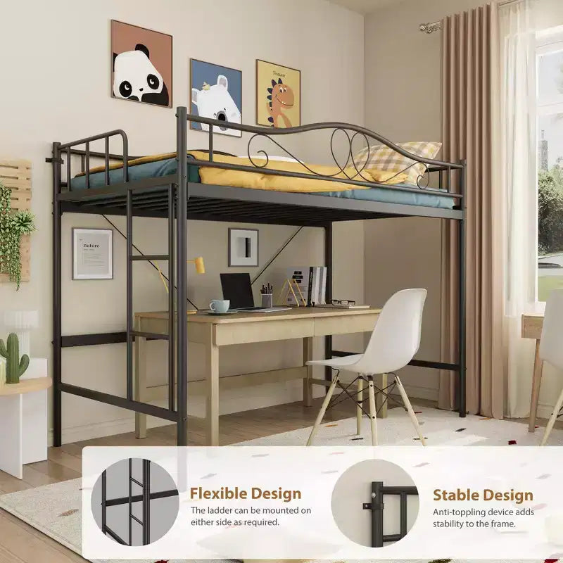 Lit mezzanine jumeau COZONY avec échelle réglable, cadre en métal robuste de 180 kg, rambarde de sécurité