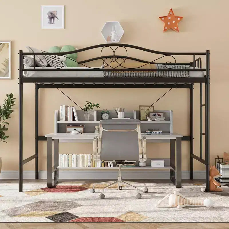 Lit mezzanine jumeau COZONY avec échelle réglable, cadre en métal robuste de 180 kg, rambarde de sécurité