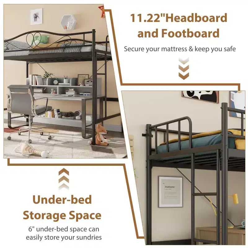 Lit mezzanine jumeau COZONY avec échelle réglable, cadre en métal robuste de 180 kg, rambarde de sécurité