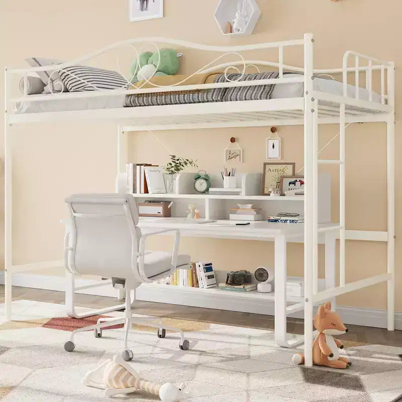 Lit mezzanine jumeau COZONY avec échelle réglable, cadre en métal robuste de 180 kg, rambarde de sécurité