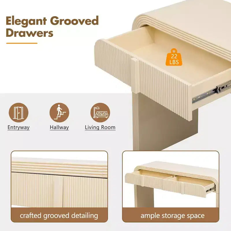 Console d'entrée minimaliste Whisen avec courbes douces et arrondies, tiroirs rainurés élégants et surface brillante durable