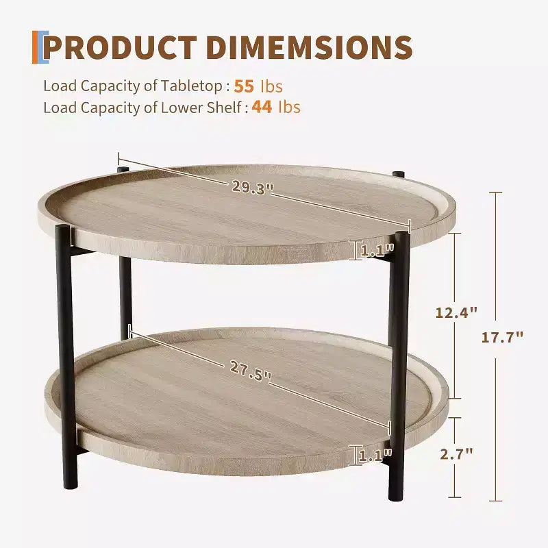 Table Basse Ronde en Bois Bohème, Table Basse Circulaire en Bois Naturel de Ferme à 2 Niveaux pour Salon, 74,4 cm de diamètre x 45 cm de hauteur