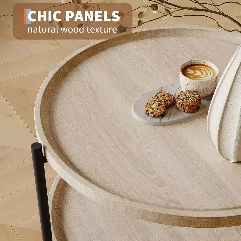 Table Basse Ronde en Bois Bohème, Table Basse Circulaire en Bois Naturel de Ferme à 2 Niveaux pour Salon, 74,4 cm de diamètre x 45 cm de hauteur