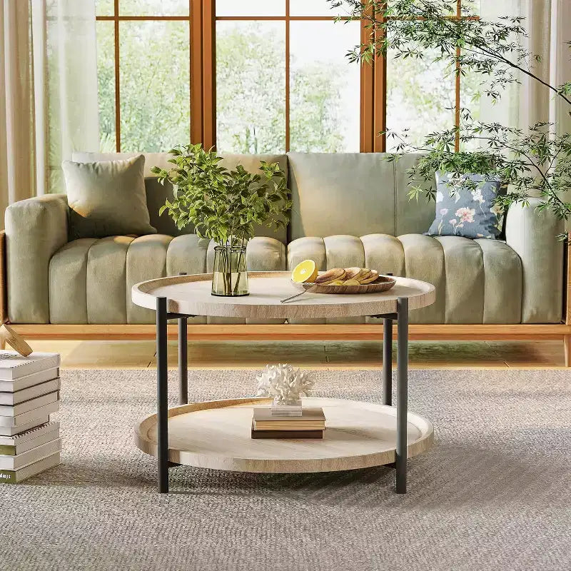 Table Basse Ronde en Bois Bohème, Table Basse Circulaire en Bois Naturel de Ferme à 2 Niveaux pour Salon, 74,4 cm de diamètre x 45 cm de hauteur