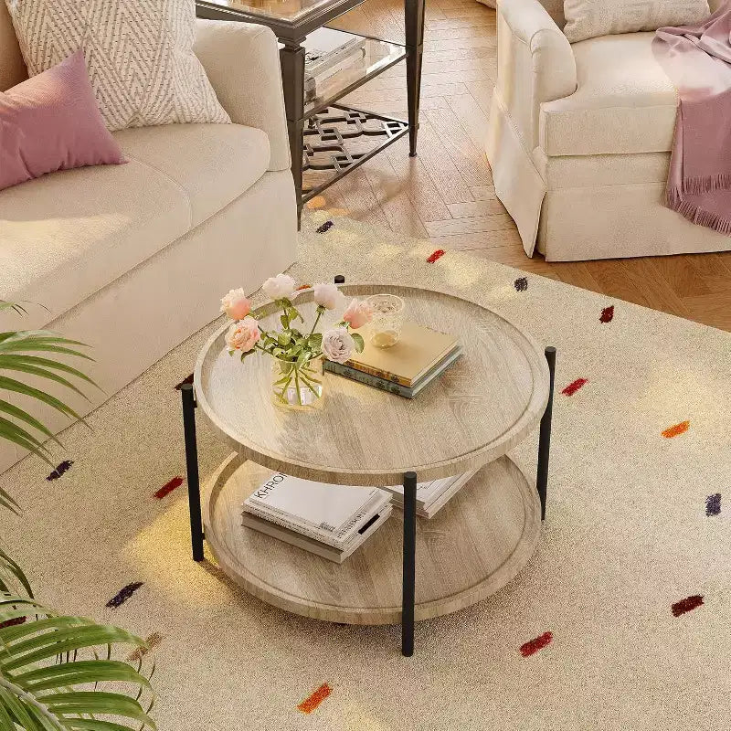 Table Basse Ronde en Bois Bohème, Table Basse Circulaire en Bois Naturel de Ferme à 2 Niveaux pour Salon, 74,4 cm de diamètre x 45 cm de hauteur