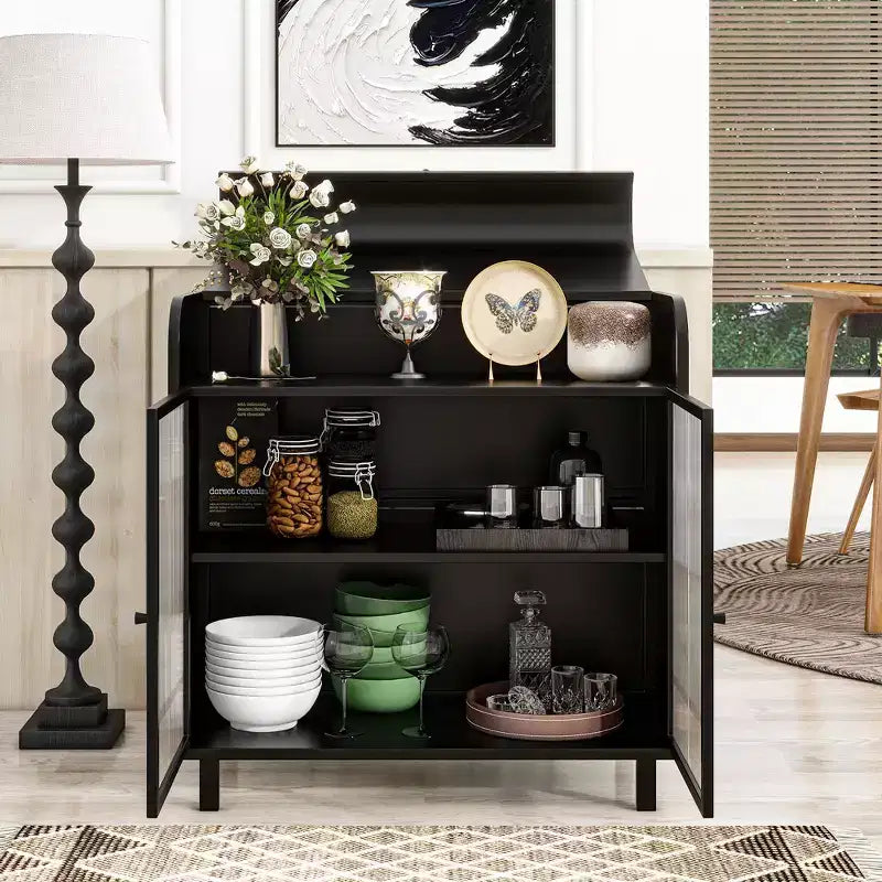 Buffet bahut noir moderne, Meuble à abattant avec cadre en acier et portes en verre trempé, Buffet de style antique pour cuisine ou salle à manger