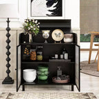 Buffet bahut noir moderne, Meuble à abattant avec cadre en acier et portes en verre trempé, Buffet de style antique pour cuisine ou salle à manger