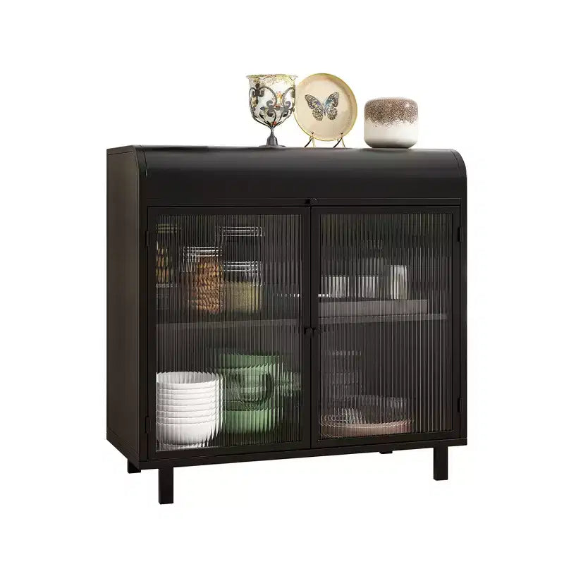 Buffet bahut noir moderne, Meuble à abattant avec cadre en acier et portes en verre trempé, Buffet de style antique pour cuisine ou salle à manger