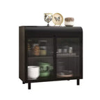 Buffet bahut noir moderne, Meuble à abattant avec cadre en acier et portes en verre trempé, Buffet de style antique pour cuisine ou salle à manger