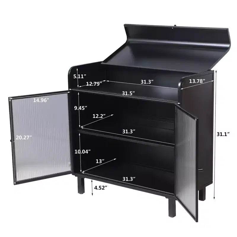 Buffet bahut noir moderne, Meuble à abattant avec cadre en acier et portes en verre trempé, Buffet de style antique pour cuisine ou salle à manger