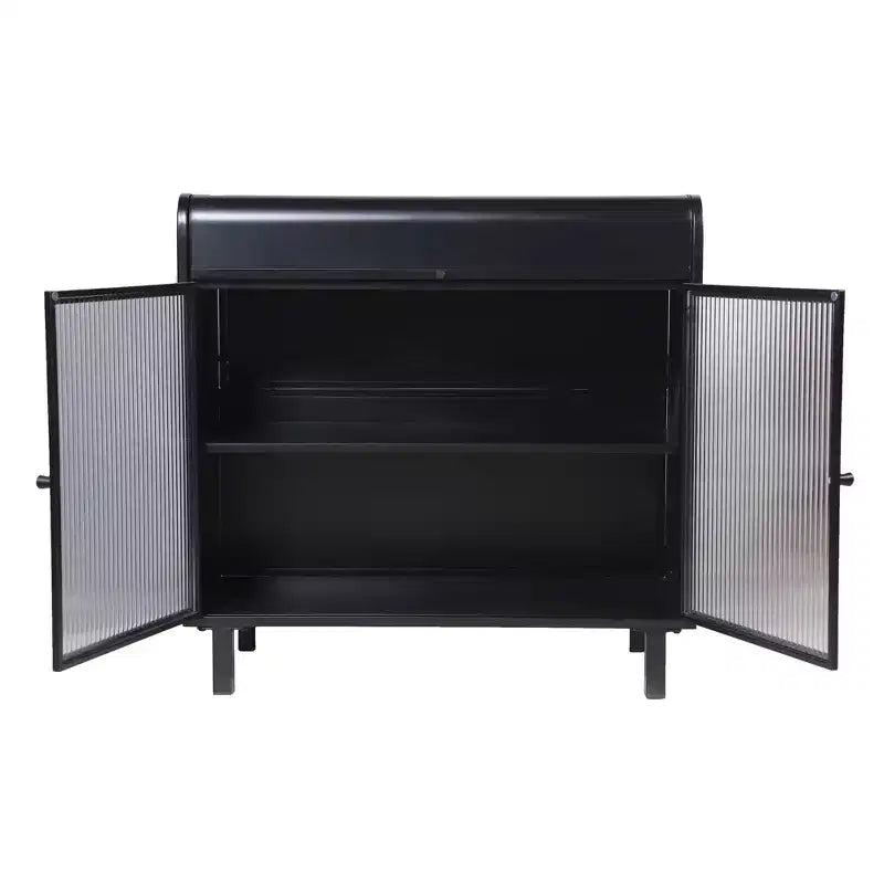 Buffet bahut noir moderne, Meuble à abattant avec cadre en acier et portes en verre trempé, Buffet de style antique pour cuisine ou salle à manger