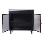 Buffet bahut noir moderne, Meuble à abattant avec cadre en acier et portes en verre trempé, Buffet de style antique pour cuisine ou salle à manger