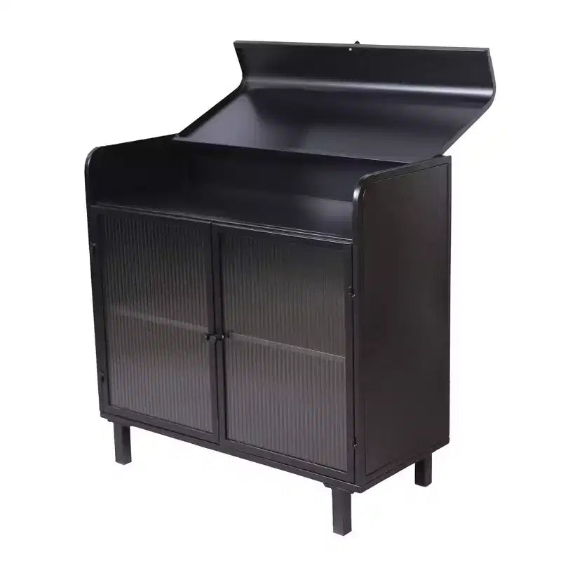 Buffet bahut noir moderne, Meuble à abattant avec cadre en acier et portes en verre trempé, Buffet de style antique pour cuisine ou salle à manger