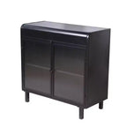 Buffet bahut noir moderne, Meuble à abattant avec cadre en acier et portes en verre trempé, Buffet de style antique pour cuisine ou salle à manger