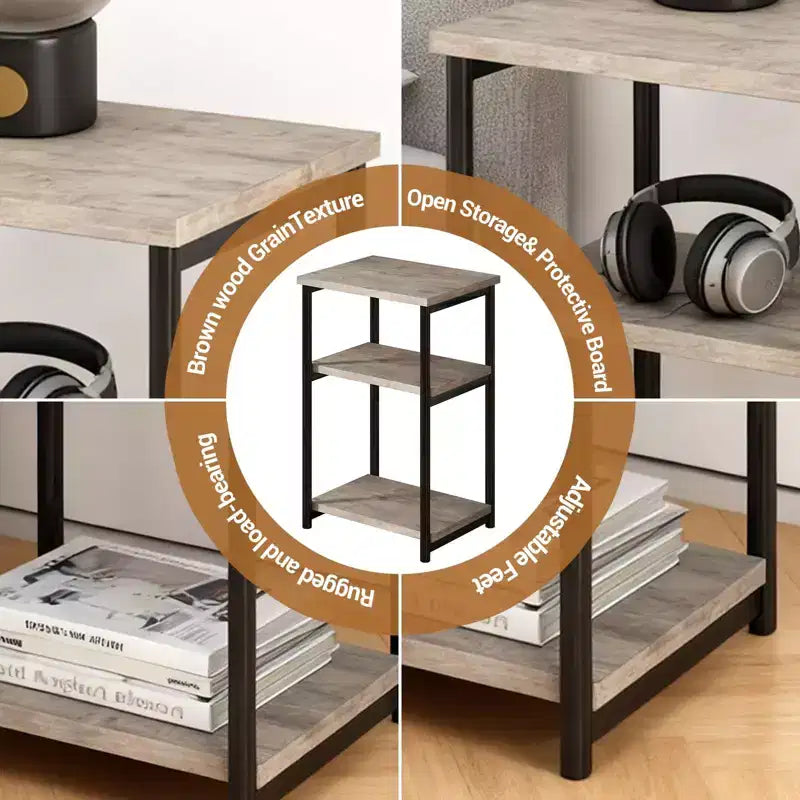 Table d'appoint de canapé moderne, petite table de chevet à 3 niveaux en bois avec cadre en métal, table de chevet d'appoint pour petit espace