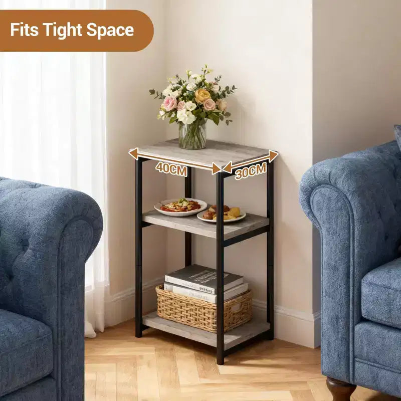 Table d'appoint de canapé moderne, petite table de chevet à 3 niveaux en bois avec cadre en métal, table de chevet d'appoint pour petit espace
