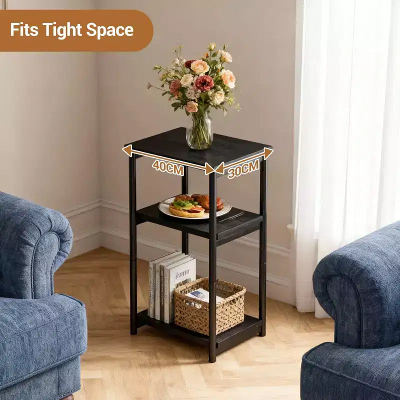 Table d'appoint de canapé moderne, petite table de chevet à 3 niveaux en bois avec cadre en métal, table de chevet d'appoint pour petit espace