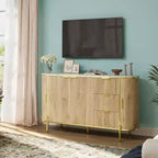 Bahut buffet de 150 cm, commode moderne cannelée, bar à café, meuble TV ovale en bois avec 3 tiroirs, bleu