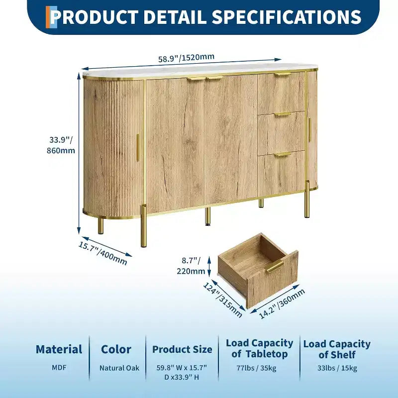 Bahut buffet de 150 cm, commode moderne cannelée, bar à café, meuble TV ovale en bois avec 3 tiroirs, bleu