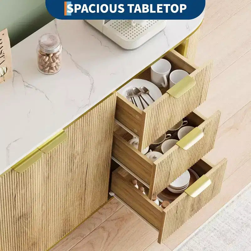 Bahut buffet de 150 cm, commode moderne cannelée, bar à café, meuble TV ovale en bois avec 3 tiroirs, bleu