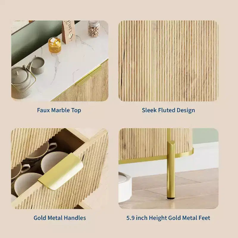 Bahut buffet de 150 cm, commode moderne cannelée, bar à café, meuble TV ovale en bois avec 3 tiroirs, bleu