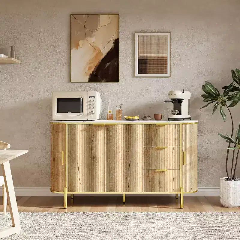 Bahut buffet de 150 cm, commode moderne cannelée, bar à café, meuble TV ovale en bois avec 3 tiroirs, bleu