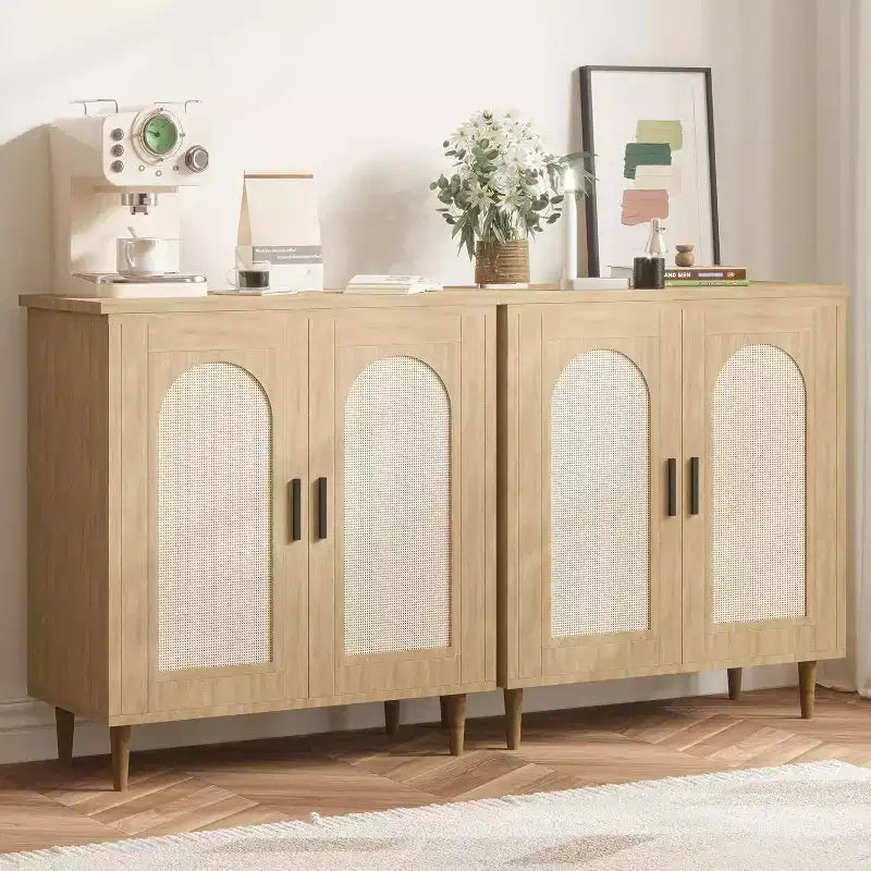 Buffet de cuisine avec rangement en rotin, meuble avec grand espace de rangement