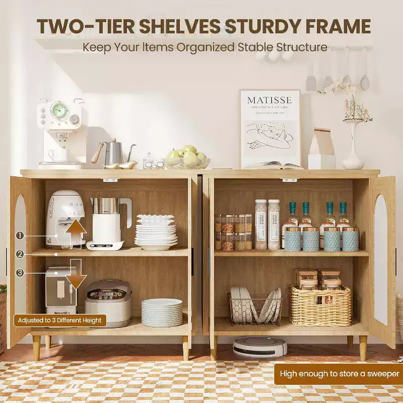 Buffet de cuisine avec rangement en rotin, meuble avec grand espace de rangement