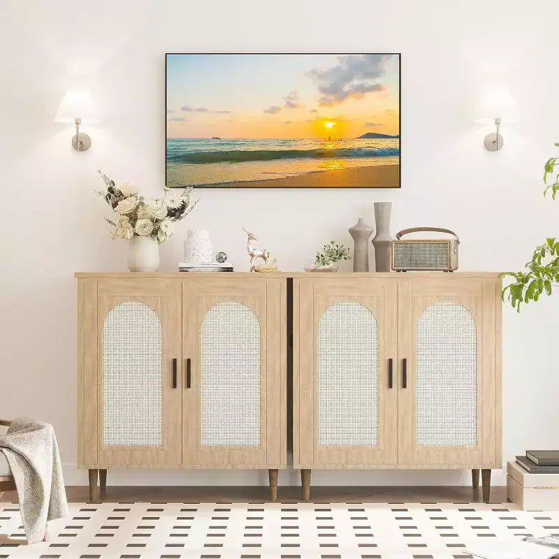 Buffet de cuisine avec rangement en rotin, meuble avec grand espace de rangement