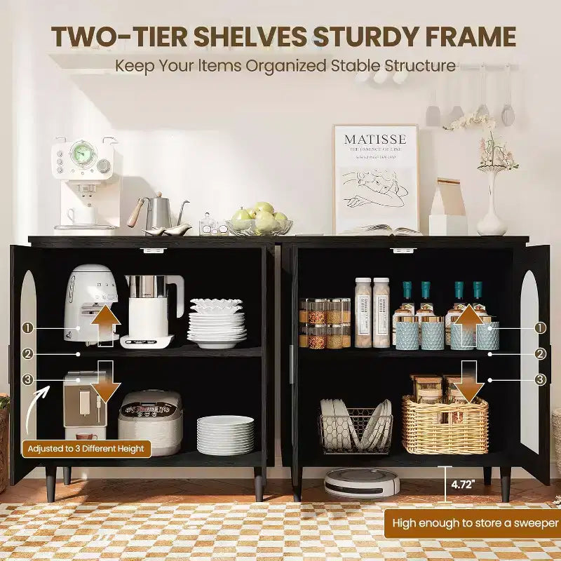 Buffet de cuisine avec rangement en rotin, meuble avec grand espace de rangement