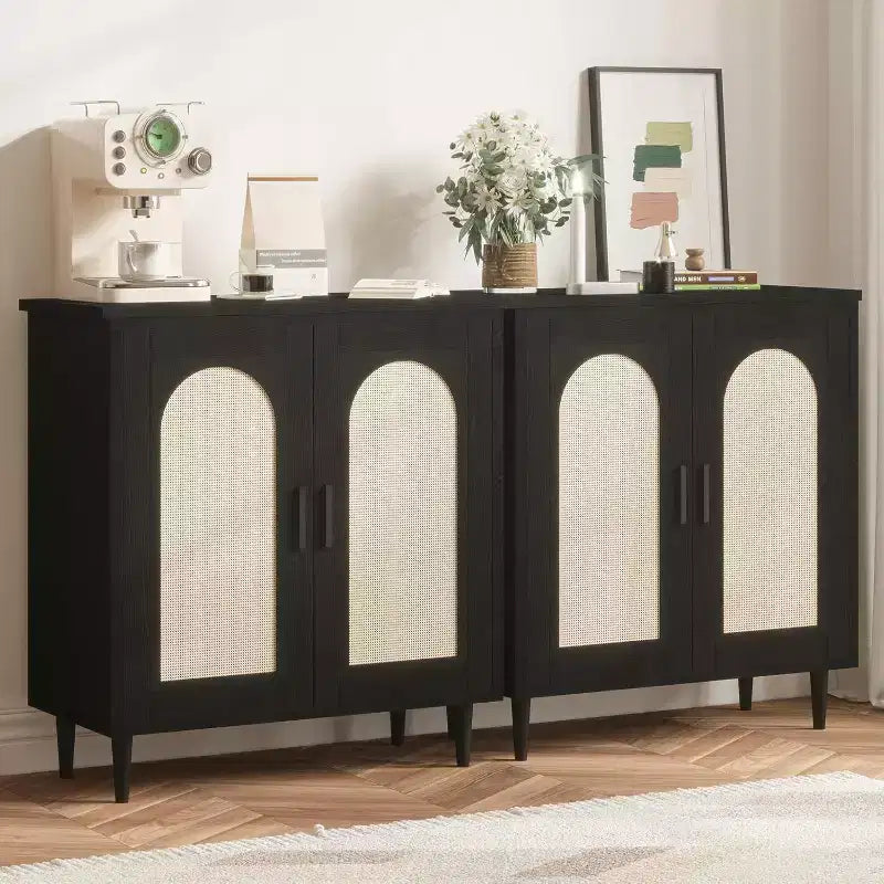 Buffet de cuisine avec rangement en rotin, meuble avec grand espace de rangement