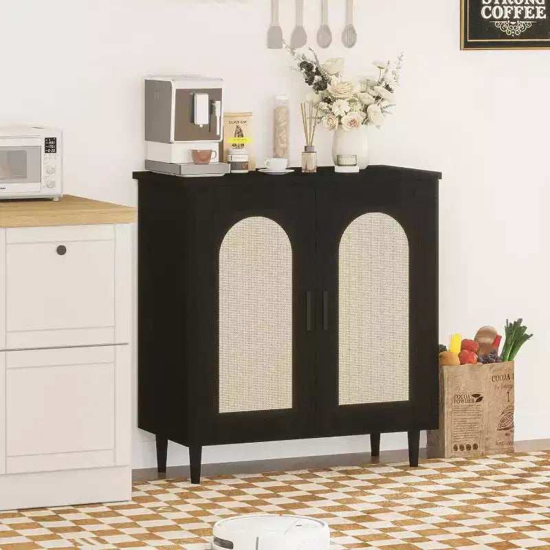 Buffet de cuisine avec rangement en rotin, meuble avec grand espace de rangement