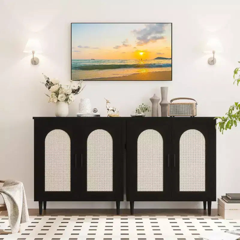 Buffet de cuisine avec rangement en rotin, meuble avec grand espace de rangement