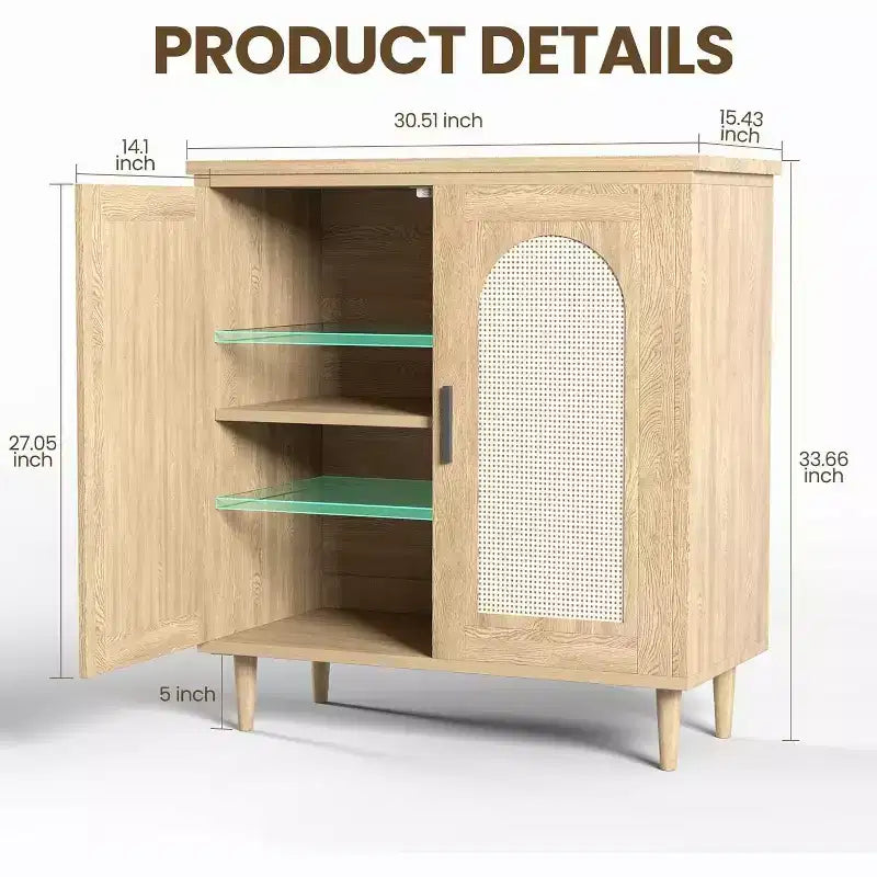 Buffet de cuisine avec rangement en rotin, meuble avec grand espace de rangement